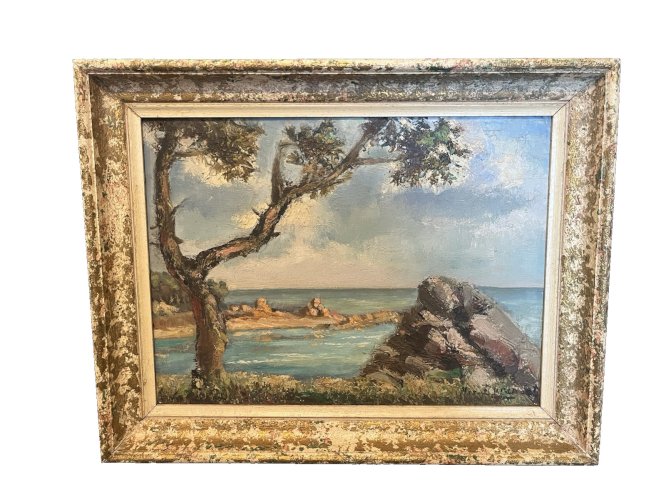 tableau peinture huile signé  paysage méditerranéen ou Atlantique  sur isorel