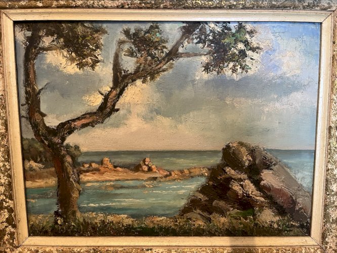 tableau peinture huile signé  paysage méditerranéen ou Atlantique  sur isorel