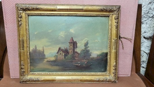 OIL PAINTING ON CARDBOARD IN A GOLD FRAME FROM THE 19TH CENTURY