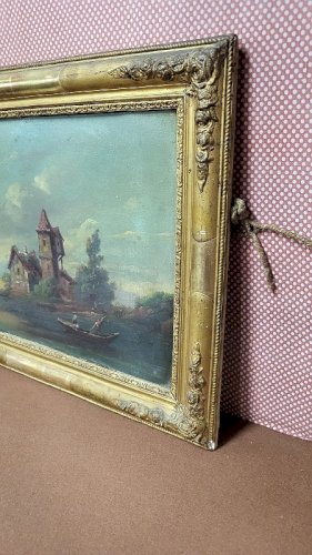 TABLEAU PEINTURE HUILE SUR CARTON CADRE DORE DU XIX ème SIECLE