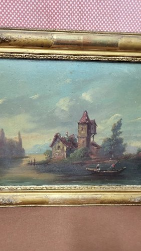 TABLEAU PEINTURE HUILE SUR CARTON CADRE DORE DU XIX ème SIECLE