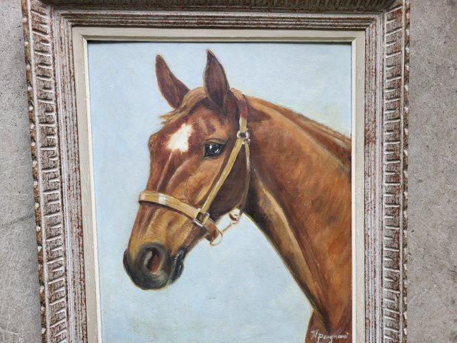 TABLEAU PEINTURE HUILE SUR CONTRE PLAQUE TETE DE CHEVAL SIGNE M. PANGNAUD