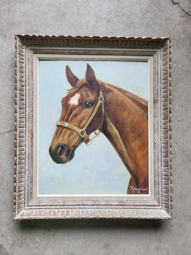TABLEAU PEINTURE HUILE SUR CONTRE PLAQUE TETE DE CHEVAL SIGNE M. PANGNAUD