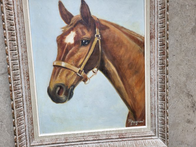 TABLEAU PEINTURE HUILE SUR CONTRE PLAQUE TETE DE CHEVAL SIGNE M. PANGNAUD