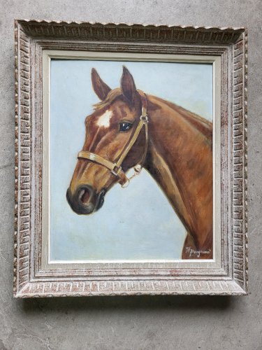 TABLEAU PEINTURE HUILE SUR CONTRE PLAQUE TETE DE CHEVAL SIGNE M. PANGNAUD