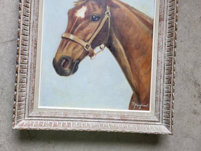 TABLEAU PEINTURE HUILE SUR CONTRE PLAQUE TETE DE CHEVAL SIGNE M. PANGNAUD