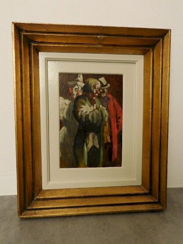 TABLEAU PEINTURE HUILE SUR PANNEAU 3 CLOWNS GEORGES TOURNON 1930