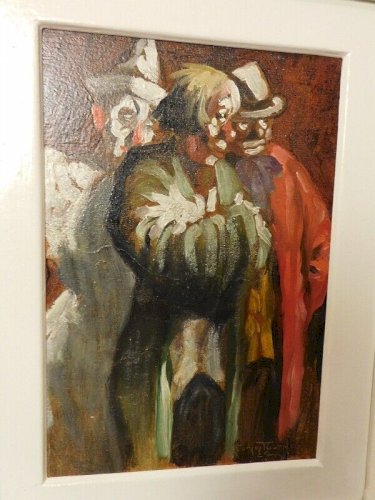 TABLEAU PEINTURE HUILE SUR PANNEAU 3 CLOWNS GEORGES TOURNON 1930