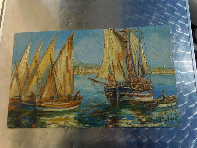TABLEAU PEINTURE HUILE SUR PANNEAU SETE BATEAUX 1932 SIGNE HONORE ROQUE