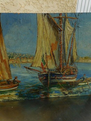 TABLEAU PEINTURE HUILE SUR PANNEAU SETE BATEAUX 1932 SIGNE HONORE ROQUE