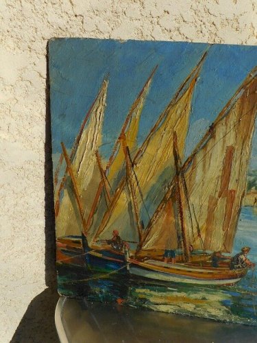 TABLEAU PEINTURE HUILE SUR PANNEAU SETE BATEAUX 1932 SIGNE HONORE ROQUE