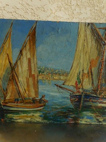 TABLEAU PEINTURE HUILE SUR PANNEAU SETE BATEAUX 1932 SIGNE HONORE ROQUE