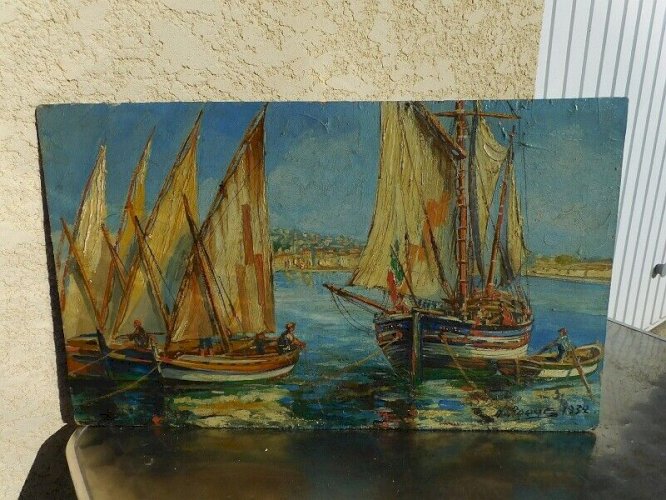 TABLEAU PEINTURE HUILE SUR PANNEAU SETE BATEAUX 1932 SIGNE HONORE ROQUE