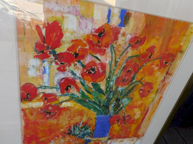 TABLEAU PEINTURE HUILE SUR PAPIER FLEUR VASE BLEU SIGNE ALVY 66