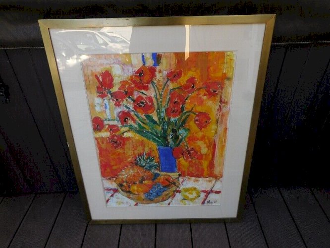 TABLEAU PEINTURE HUILE SUR PAPIER FLEUR VASE BLEU SIGNE ALVY 66