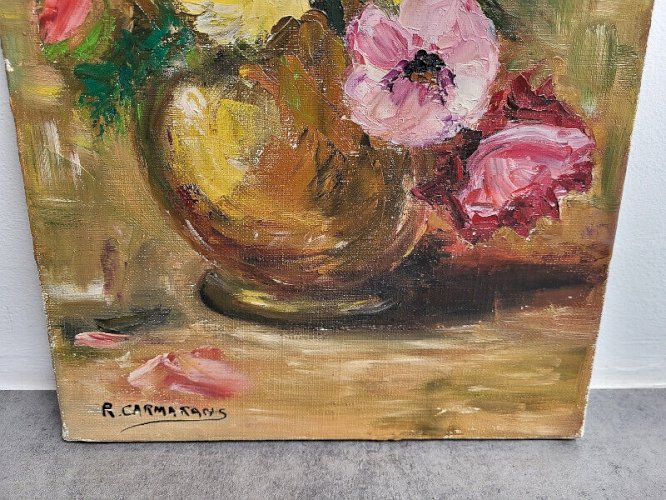 TABLEAU PEINTURE HUILE SUR TOILE BOUQUET DE FLEURS SIGNE R. CARMATANS