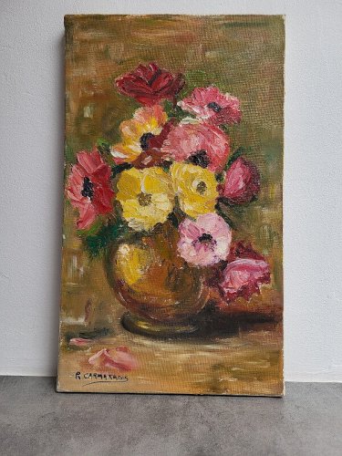 TABLEAU PEINTURE HUILE SUR TOILE BOUQUET DE FLEURS SIGNE R. CARMATANS