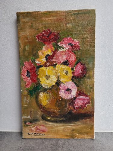 TABLEAU PEINTURE HUILE SUR TOILE BOUQUET DE FLEURS SIGNE R. CARMATANS
