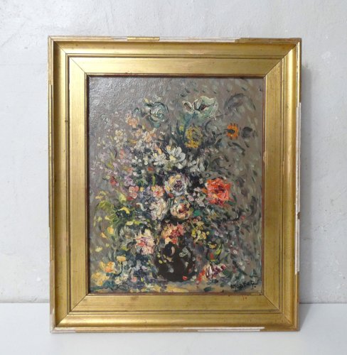 tableau peinture huile sur toile bouquet signé MOBERG 43,5x29,5cm