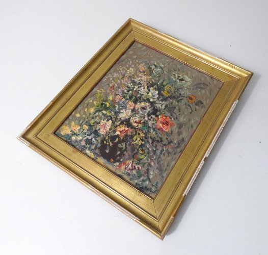 tableau peinture huile sur toile bouquet signé MOBERG 43,5x29,5cm
