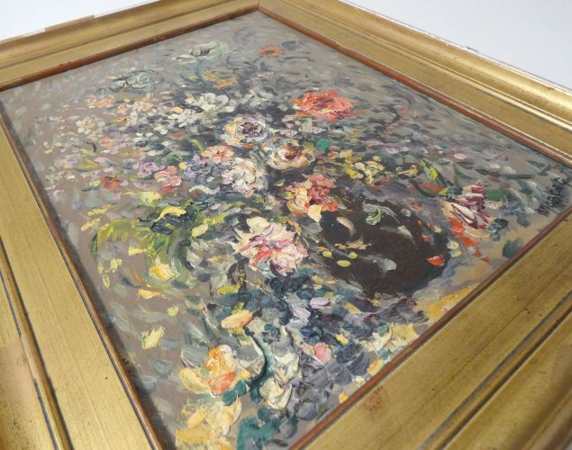 tableau peinture huile sur toile bouquet signé MOBERG 43,5x29,5cm