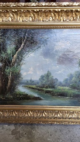 TABLEAU PEINTURE HUILE SUR TOILE CADRE DORE SIGNE S. KLUM