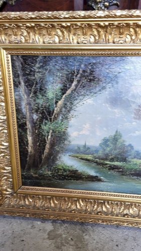 TABLEAU PEINTURE HUILE SUR TOILE CADRE DORE SIGNE S. KLUM