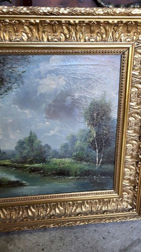 TABLEAU PEINTURE HUILE SUR TOILE CADRE DORE SIGNE S. KLUM