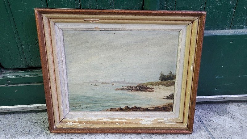 TABLEAU PEINTURE HUILE SUR TOILE ILE DE BATZ SIGNE DE LINTANF 1947