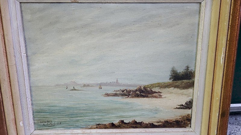 TABLEAU PEINTURE HUILE SUR TOILE ILE DE BATZ SIGNE DE LINTANF 1947