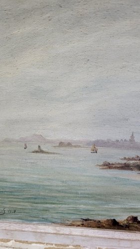 TABLEAU PEINTURE HUILE SUR TOILE ILE DE BATZ SIGNE DE LINTANF 1947