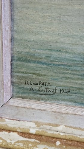 TABLEAU PEINTURE HUILE SUR TOILE ILE DE BATZ SIGNE DE LINTANF 1947