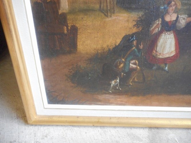 TABLEAU PEINTURE HUILE SUR TOILE LA BERGERE ET LE SOLDAT DU XIX ème SIECLE
