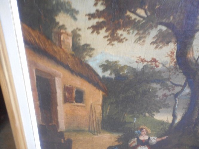 TABLEAU PEINTURE HUILE SUR TOILE LA BERGERE ET LE SOLDAT DU XIX ème SIECLE