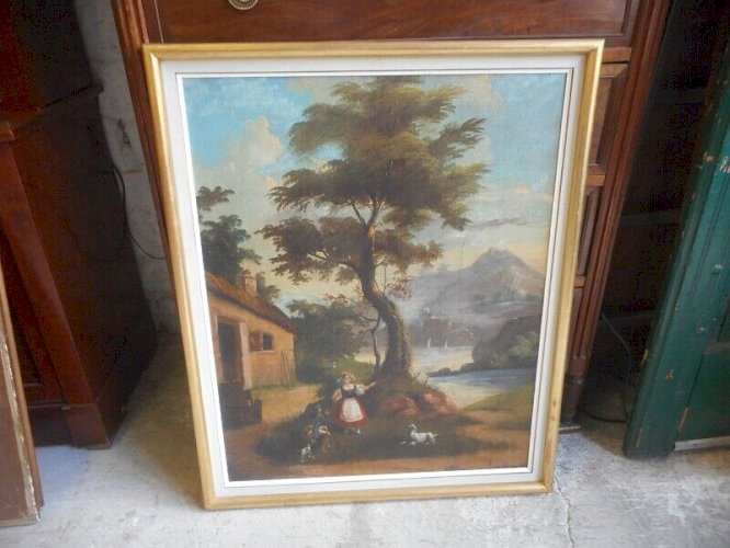 TABLEAU PEINTURE HUILE SUR TOILE LA BERGERE ET LE SOLDAT DU XIX ème SIECLE