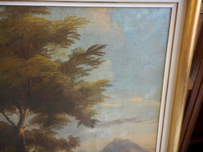 TABLEAU PEINTURE HUILE SUR TOILE LA BERGERE ET LE SOLDAT DU XIX ème SIECLE