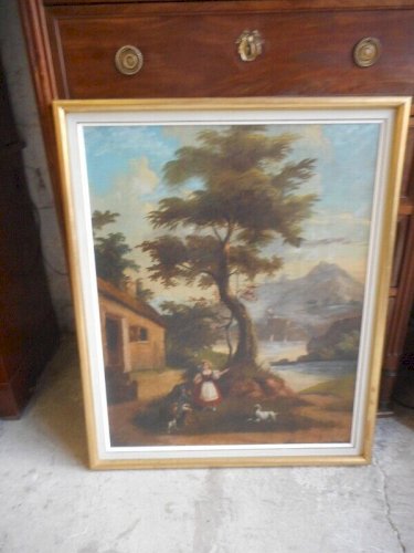 TABLEAU PEINTURE HUILE SUR TOILE LA BERGERE ET LE SOLDAT DU XIX ème SIECLE