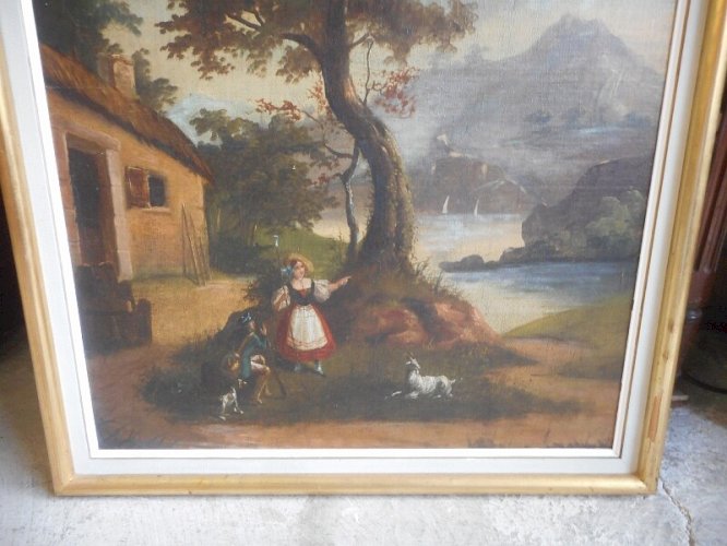 TABLEAU PEINTURE HUILE SUR TOILE LA BERGERE ET LE SOLDAT DU XIX ème SIECLE