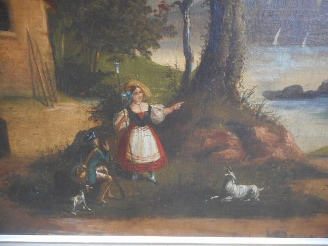 TABLEAU PEINTURE HUILE SUR TOILE LA BERGERE ET LE SOLDAT DU XIX ème SIECLE