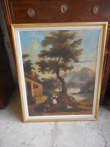 TABLEAU PEINTURE HUILE SUR TOILE LA BERGERE ET LE SOLDAT DU XIX ème SIECLE