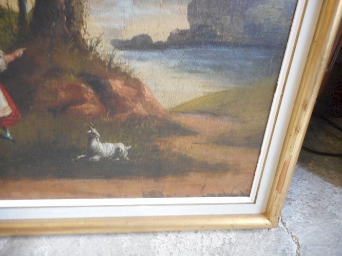 TABLEAU PEINTURE HUILE SUR TOILE LA BERGERE ET LE SOLDAT DU XIX ème SIECLE