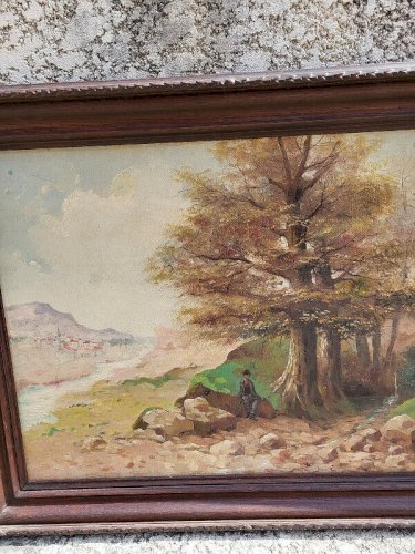 TABLEAU PEINTURE HUILE SUR TOILE PAYSAGE AVEC PERSONNAGE 1912 SIGNE ASTE12