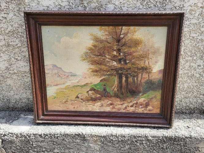 TABLEAU PEINTURE HUILE SUR TOILE PAYSAGE AVEC PERSONNAGE 1912 SIGNE ASTE12