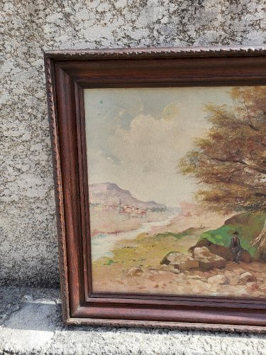 TABLEAU PEINTURE HUILE SUR TOILE PAYSAGE AVEC PERSONNAGE 1912 SIGNE ASTE12