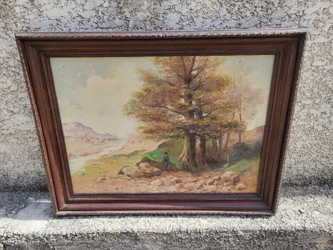 TABLEAU PEINTURE HUILE SUR TOILE PAYSAGE AVEC PERSONNAGE 1912 SIGNE ASTE12