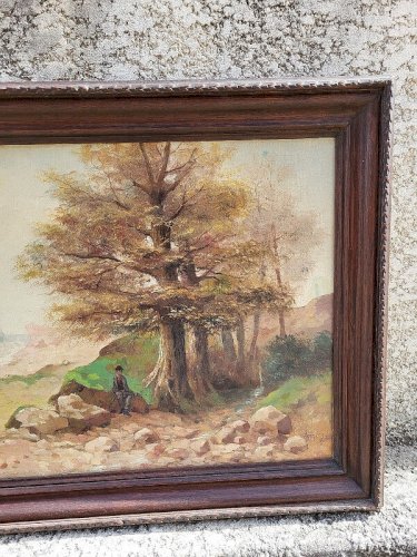 TABLEAU PEINTURE HUILE SUR TOILE PAYSAGE AVEC PERSONNAGE 1912 SIGNE ASTE12