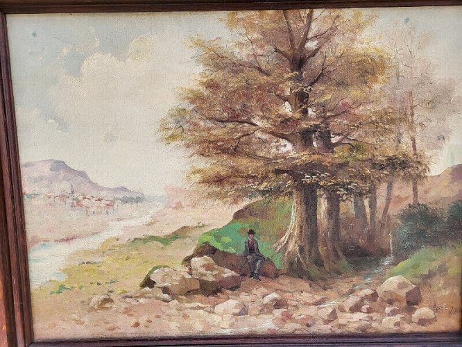 TABLEAU PEINTURE HUILE SUR TOILE PAYSAGE AVEC PERSONNAGE 1912 SIGNE ASTE12