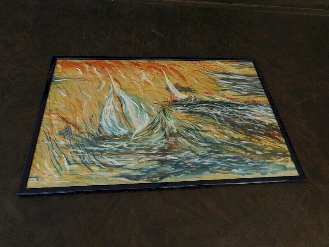 TABLEAU PEINTURE MARINE HUILE SUR TISSU BATEAU