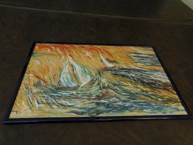 TABLEAU PEINTURE MARINE HUILE SUR TISSU BATEAU