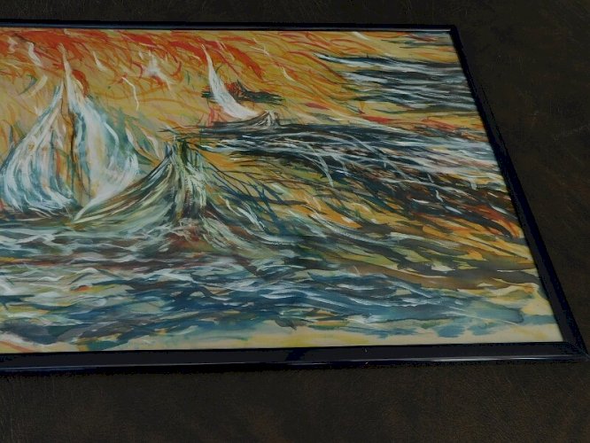 TABLEAU PEINTURE MARINE HUILE SUR TISSU BATEAU
